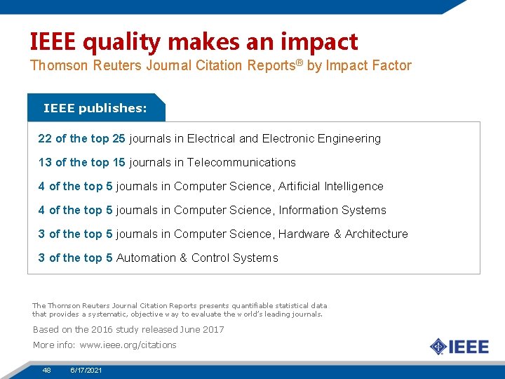 IEEE quality makes an impact Thomson Reuters Journal Citation Reports® by Impact Factor IEEE