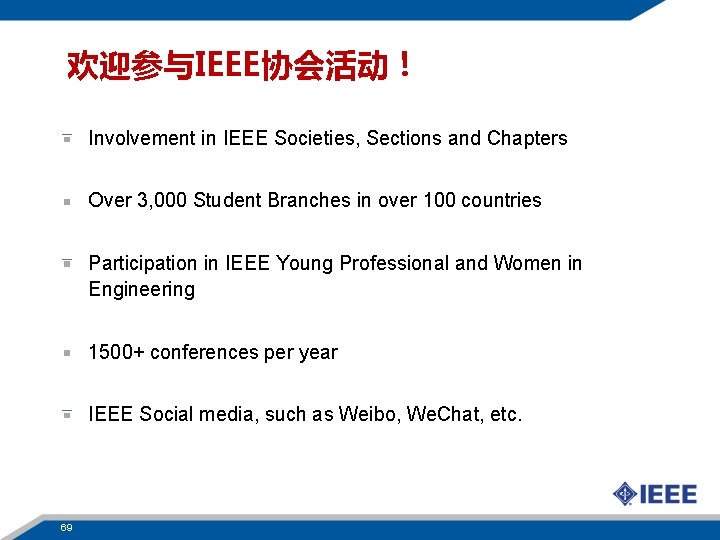 欢迎参与IEEE协会活动！ Involvement in IEEE Societies, Sections and Chapters Over 3, 000 Student Branches in