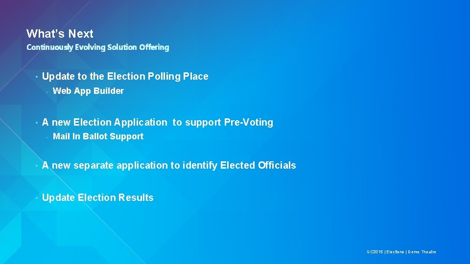 What’s Next Continuously Evolving Solution Offering • Update to the Election Polling Place -