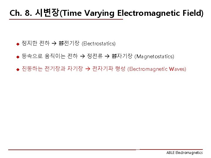Ch. 8. 시변장(Time Varying Electromagnetic Field) u 정지한 전하 靜전기장 (Electrostatics) u 등속으로 움직이는