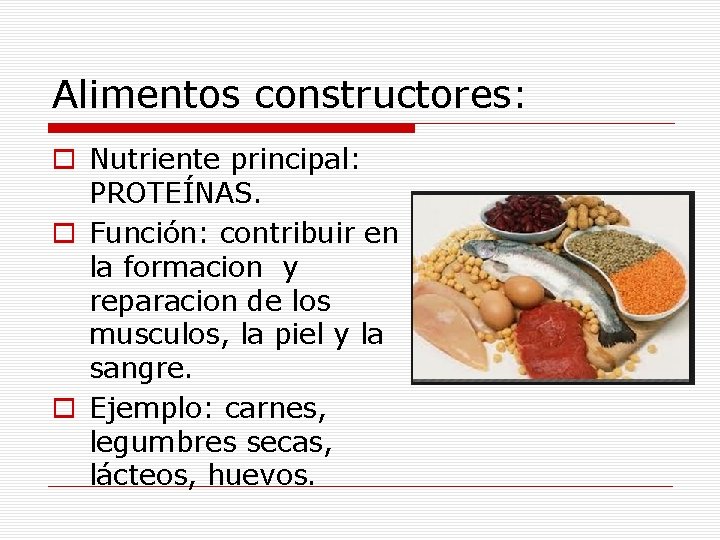 Alimentos constructores: o Nutriente principal: PROTEÍNAS. o Función: contribuir en la formacion y reparacion