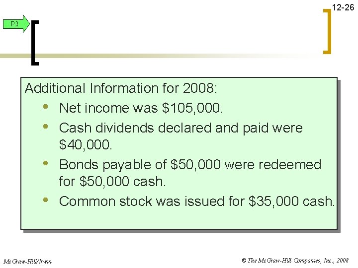 12 -26 P 2 Additional Information for 2008: • Net income was $105, 000.