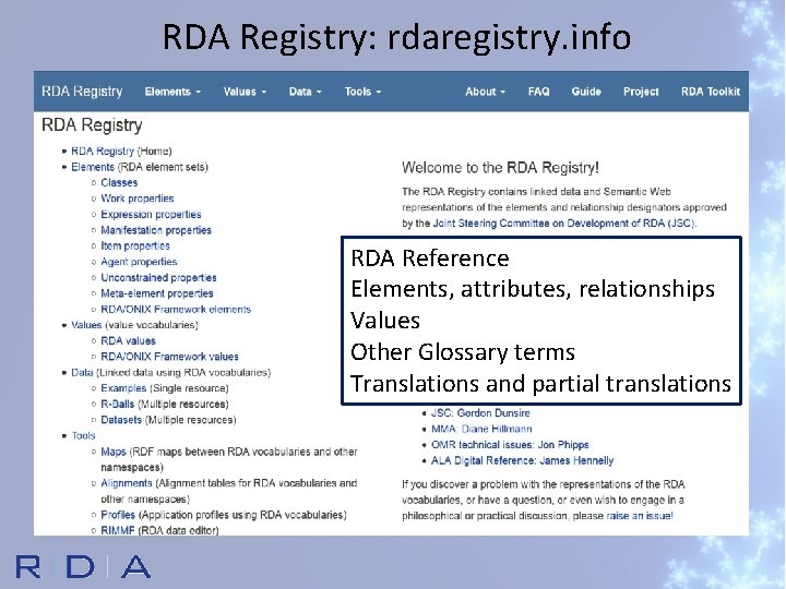 RDA Registry: rdaregistry. info RDA Reference Elements, attributes, relationships Values Other Glossary terms Translations