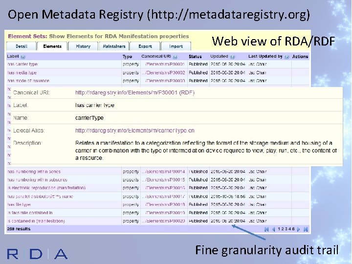 Open Metadata Registry (http: //metadataregistry. org) Web view of RDA/RDF Fine granularity audit trail