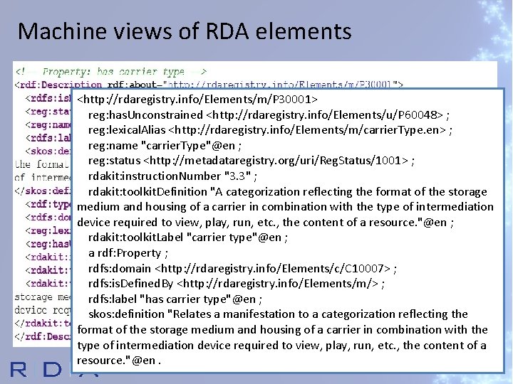 Machine views of RDA elements <http: //rdaregistry. info/Elements/m/P 30001> reg: has. Unconstrained <http: //rdaregistry.