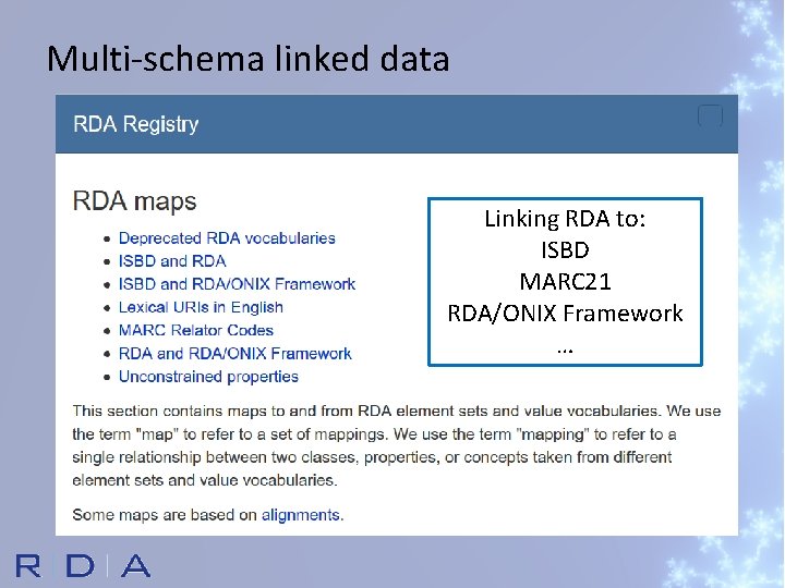 Multi-schema linked data Linking RDA to: ISBD MARC 21 RDA/ONIX Framework … 
