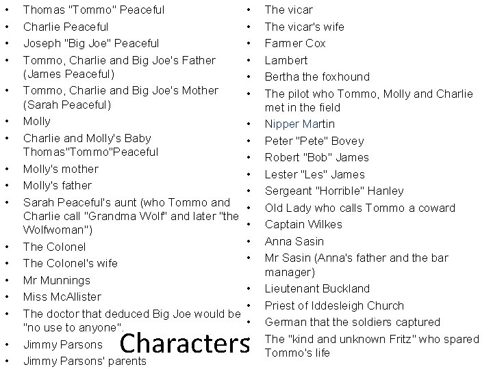  • • • • • Thomas "Tommo" Peaceful Charlie Peaceful Joseph "Big Joe"
