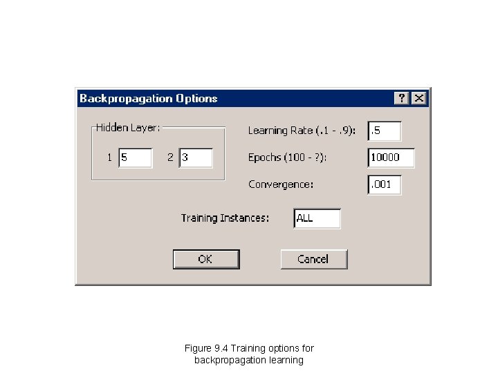 Figure 9. 4 Training options for backpropagation learning Figure 9. 4 Training options for backpropagation learning