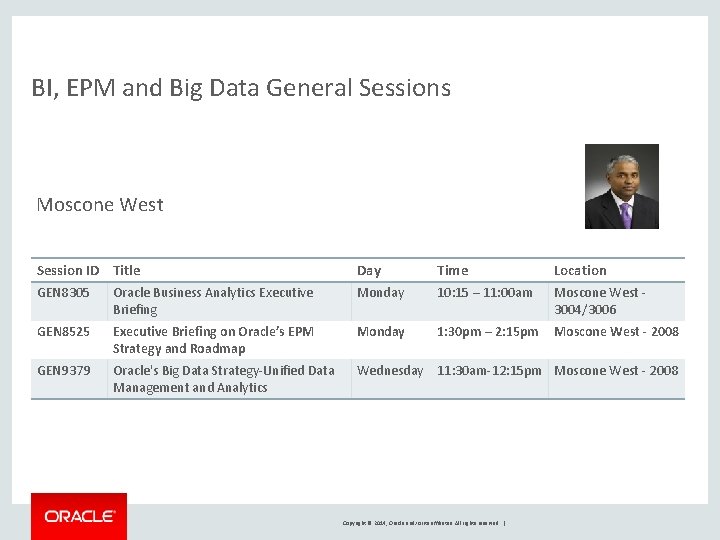 BI, EPM and Big Data General Sessions Moscone West Session ID Title Day Time