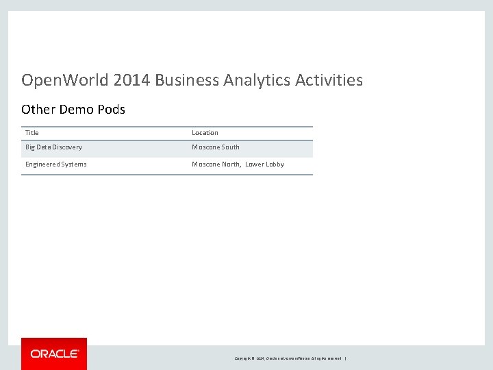 Open. World 2014 Business Analytics Activities Other Demo Pods Title Location Big Data Discovery