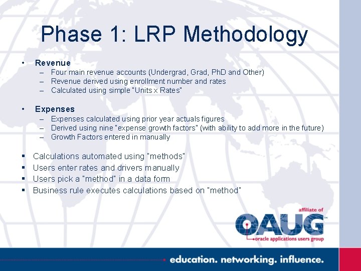 Phase 1: LRP Methodology • Revenue – Four main revenue accounts (Undergrad, Grad, Ph.