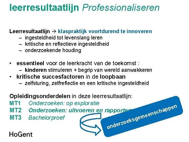 leerresultaatlijn Professionaliseren Leerresultaatlijn klaspraktijk voortdurend te innoveren – ingesteldheid tot levenslang leren – kritische