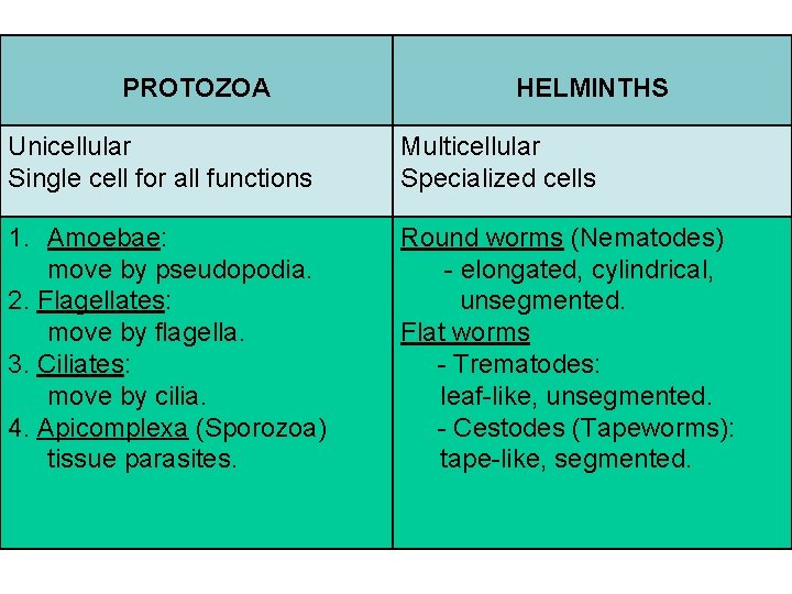 CLASSIFICATION OF PARASITES PROTOZOA HELMINTHS Unicellular Single cell for all functions Multicellular Specialized cells