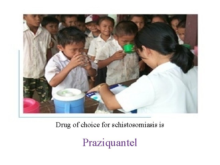 Drug of choice for schistosomiasis is Praziquantel 