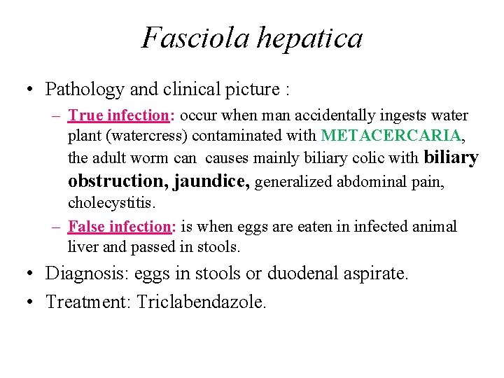 Fasciola hepatica • Pathology and clinical picture : – True infection: occur when man