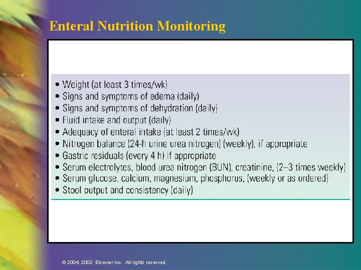 Enteral Nutrition Monitoring © 2004, 2002 Elsevier Inc. All rights reserved. 