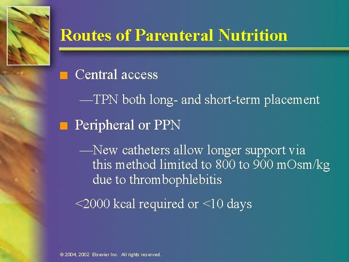 Routes of Parenteral Nutrition n Central access —TPN both long- and short-term placement n