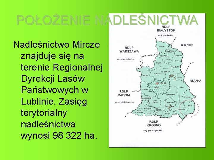 POŁOŻENIE NADLEŚNICTWA Nadleśnictwo Mircze znajduje się na terenie Regionalnej Dyrekcji Lasów Państwowych w Lublinie.