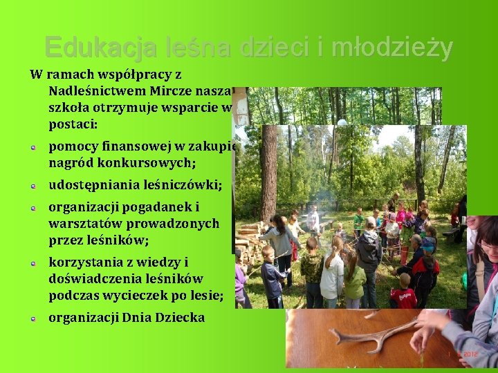 Edukacja leśna dzieci i młodzieży W ramach współpracy z Nadleśnictwem Mircze nasza szkoła otrzymuje
