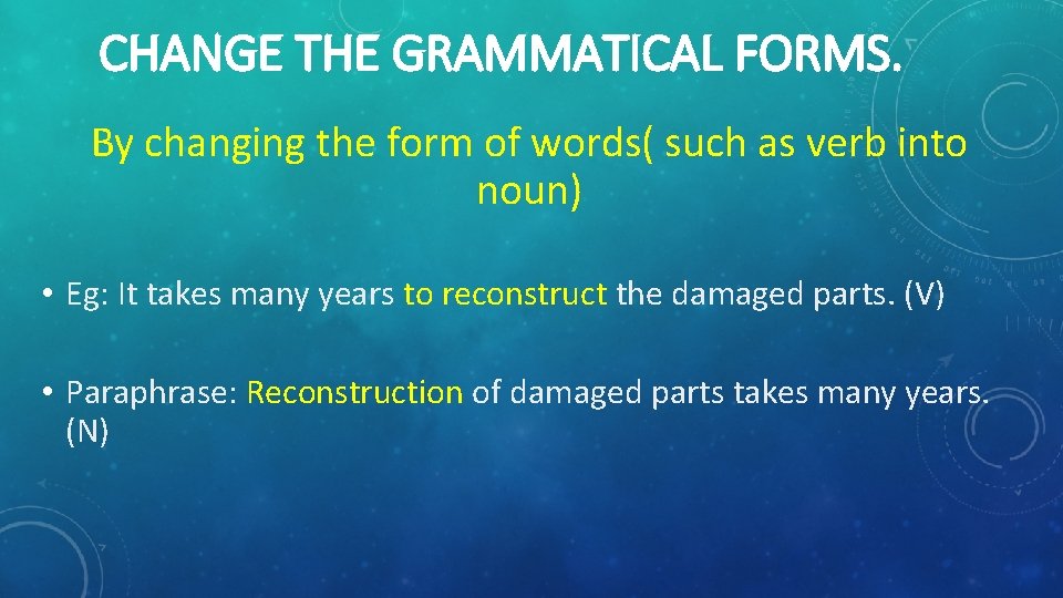 CHANGE THE GRAMMATICAL FORMS. By changing the form of words( such as verb into