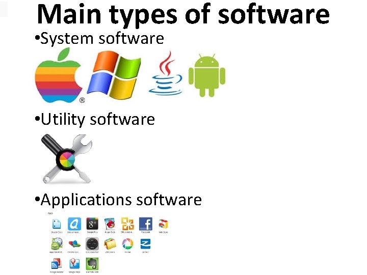 Main types of software • System software • Utility software • Applications software 