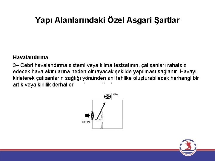 Yapı Alanlarındaki Özel Asgari Şartlar Havalandırma 3– Cebri havalandırma sistemi veya klima tesisatının, çalışanları