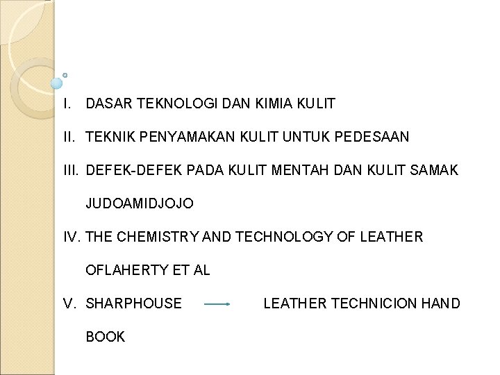 I. DASAR TEKNOLOGI DAN KIMIA KULIT II. TEKNIK PENYAMAKAN KULIT UNTUK PEDESAAN III. DEFEK-DEFEK