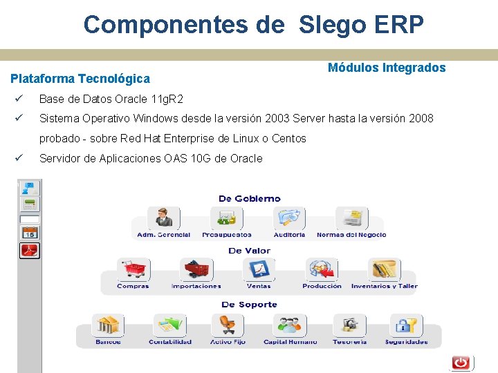 Componentes de Slego ERP Plataforma Tecnológica Módulos Integrados ü Base de Datos Oracle 11