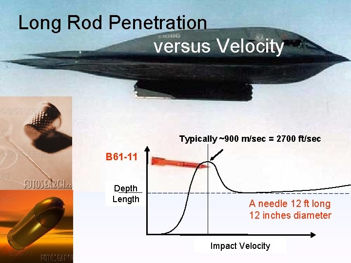 Long Rod Penetration versus Velocity Typically ~900 m/sec = 2700 ft/sec B 61 -11