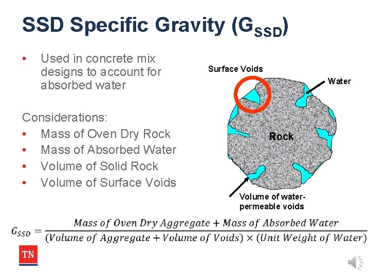 SSD Specific Gravity (GSSD) • Used in concrete mix designs to account for absorbed SSD Specific Gravity (GSSD) • Used in concrete mix designs to account for absorbed