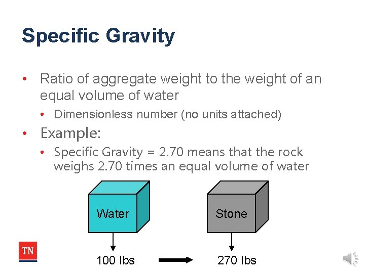 Specific Gravity • Ratio of aggregate weight to the weight of an equal volume Specific Gravity • Ratio of aggregate weight to the weight of an equal volume