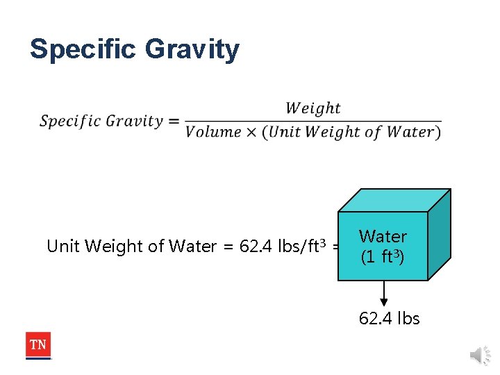 Specific Gravity Unit Weight of Water = 62. 4 lbs/ft 3 = Water (1 Specific Gravity Unit Weight of Water = 62. 4 lbs/ft 3 = Water (1
