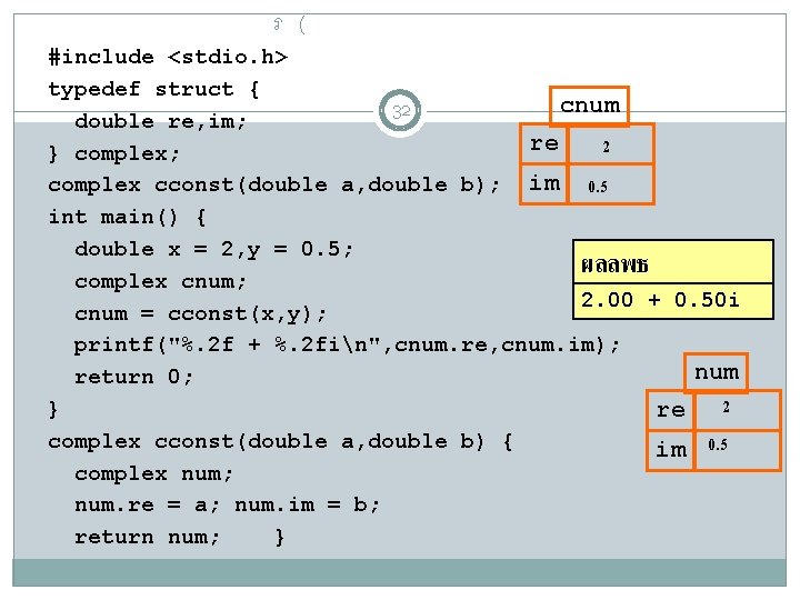 ร ( #include <stdio. h> typedef struct { cnum 32 double re, im; re