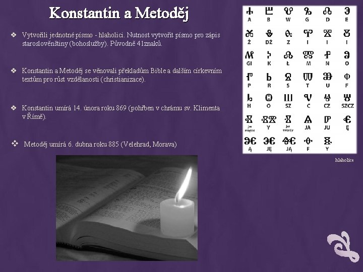 Konstantin a Metoděj v Vytvořili jednotné písmo - hlaholici. Nutnost vytvořit písmo pro zápis