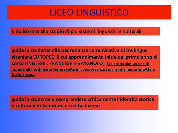LICEO LINGUISTICO è indirizzato allo studio di più sistemi linguistici e culturali guida lo