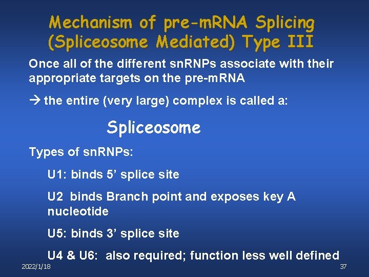 Mechanism of pre-m. RNA Splicing (Spliceosome Mediated) Type III Once all of the different