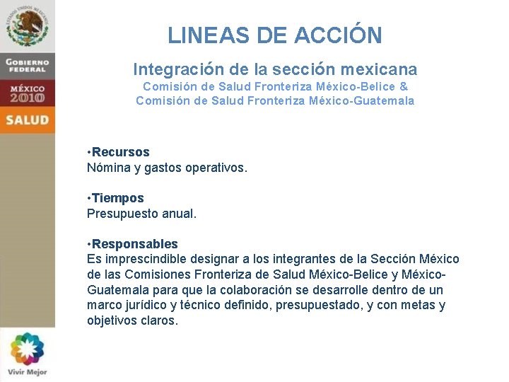 LINEAS DE ACCIÓN Integración de la sección mexicana Comisión de Salud Fronteriza México-Belice &