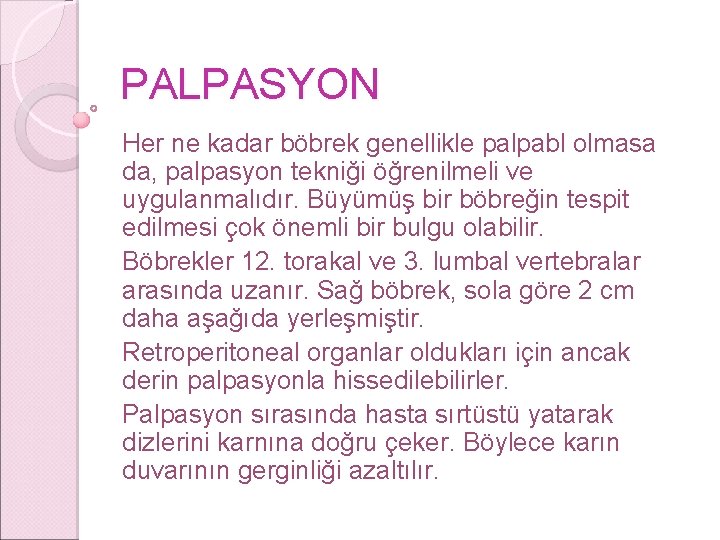 PALPASYON Her ne kadar böbrek genellikle palpabl olmasa da, palpasyon tekniği öğrenilmeli ve uygulanmalıdır.