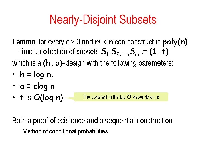 Nearly-Disjoint Subsets Lemma: for every ε > 0 and m < n can construct