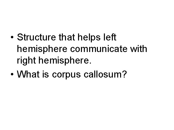  • Structure that helps left hemisphere communicate with right hemisphere. • What is