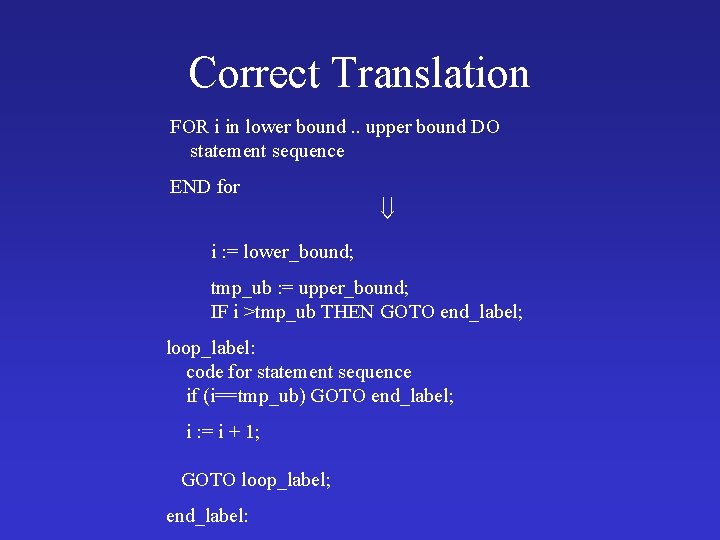 Correct Translation FOR i in lower bound. . upper bound DO statement sequence END
