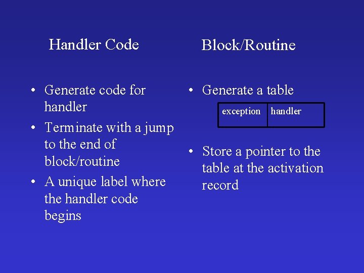 Handler Code • Generate code for handler • Terminate with a jump to the