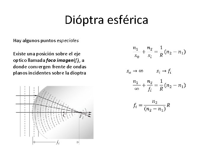 Dióptra esférica Hay algunos puntos especiales Existe una posición sobre el eje optico llamada