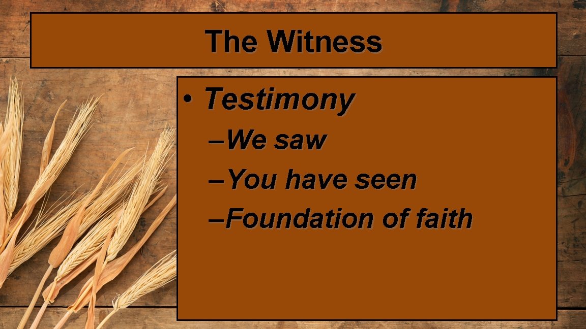 The Witness • Testimony – We saw – You have seen – Foundation of
