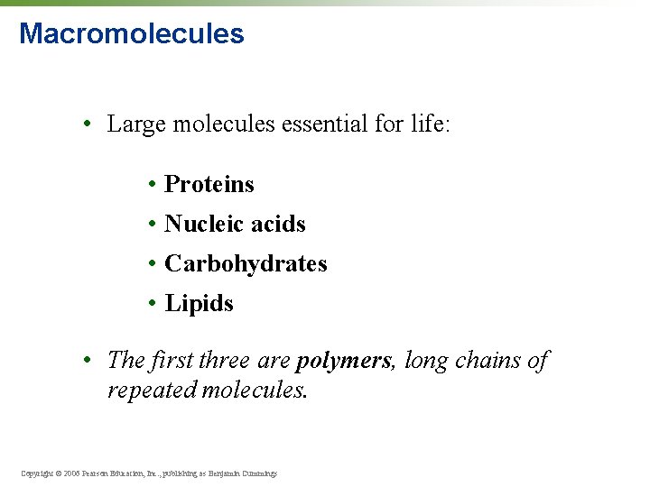 Macromolecules • Large molecules essential for life: • Proteins • Nucleic acids • Carbohydrates