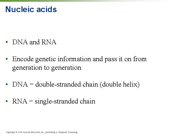 Nucleic acids • DNA and RNA • Encode genetic information and pass it on