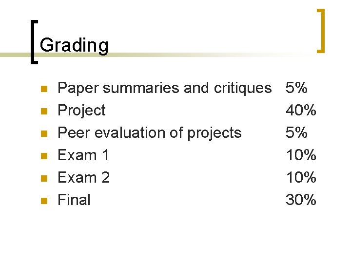 Grading n n n Paper summaries and critiques Project Peer evaluation of projects Exam