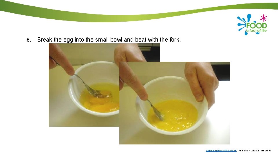8. Break the egg into the small bowl and beat with the fork. www.
