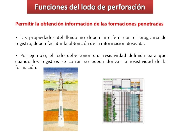 Funciones del lodo de perforación Permitir la obtención información de las formaciones penetradas •