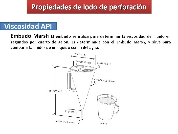 Propiedades de lodo de perforación Viscosidad API Embudo Marsh El embudo se utiliza para